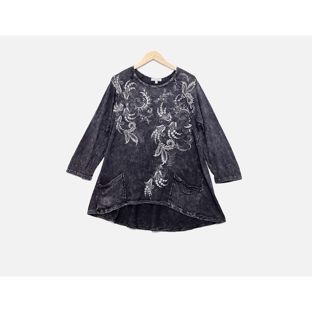Jess & Jane Tunic Top Size XL Gray Paisley Seam Pocket Lagenlook Art to Wear USA